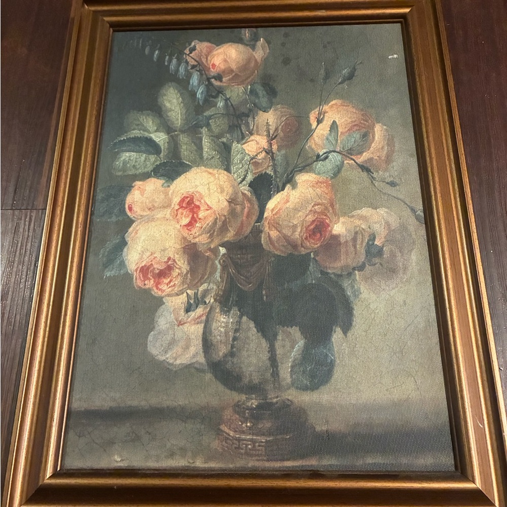 Threshold Gold Framed Floral Canvas with Cream and Pink Roses